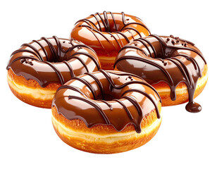 Four donuts with various drizzles on top, piled together