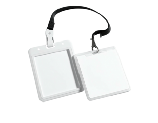 Blank white ID badges hanging from black lanyard on dark backdrop