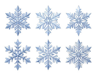 Six intricate, glossy, light-blue snowflakes on a dark background