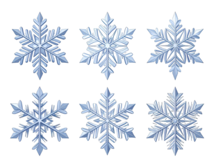 Six intricate, glossy, light-blue snowflakes on a dark background