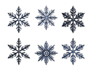 Six detailed snowflakes against a black background