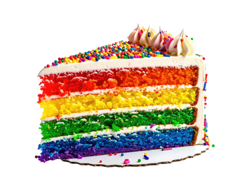 Layered rainbow cake slice topped with sprinkles and frosting