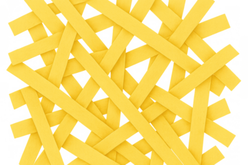 Complex abstract woven pattern created by overlapping yellow paper strips, set against a clear background