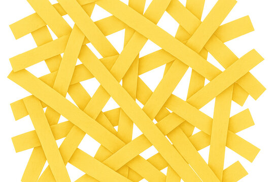 Complex abstract woven pattern created by overlapping yellow paper strips, set against a clear background