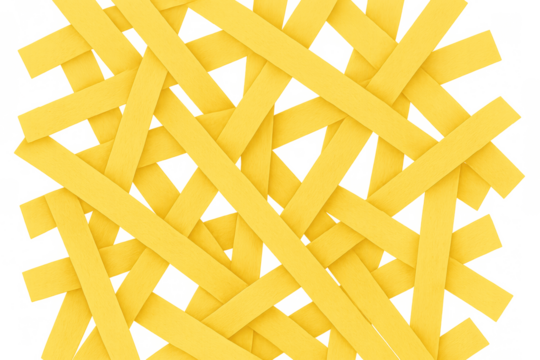 Complex abstract woven pattern created by overlapping yellow paper strips, set against a clear background