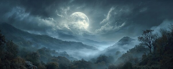 Epic spooky night with full moon misty sky concept. A captivating night landscape featuring a large full moon.