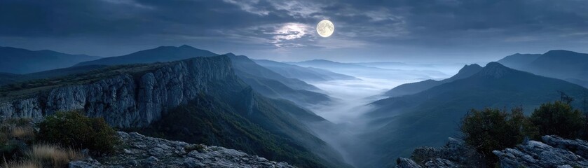 Epic spooky night with full moon misty sky concept. A serene night landscape with a full moon and misty valleys.