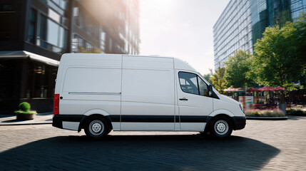White delivery van mockup captured in motion on a modern city street, ideal for vehicle wrap concept, transportation branding, courier service identities, outdoor advertising preview, marketing visual