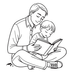 A heartwarming line drawing of a father reading a book to his child, fostering a love for learning