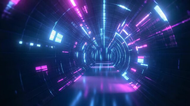 Futuristic digital tunnel with neon electric lights glowing