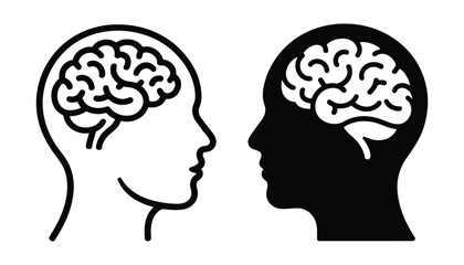 Two human heads in profile facing each other with brains visible inside black and white outlines thinking