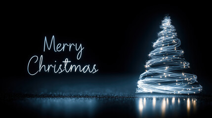 Stylish illuminated Christmas tree drawn with dynamic white light strokes, perfect for festive concepts, premium greeting cards and winter advertising assets used in digital marketing, print, posters.