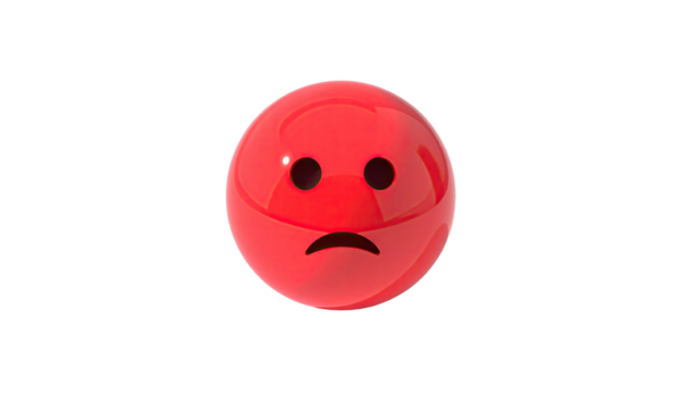 Red sphere with a worried, sad expression on a black background