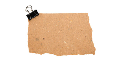 Brown Recycled Paper Note with Binder Clip Isolated on Transparent Background, piece of brown paper...