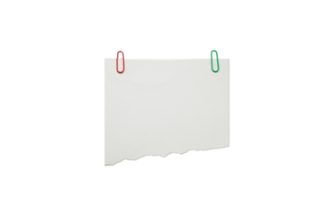 Torn White Paper Note with Red Paperclip Isolated on Transparent Background, Wrinkled blank index card note with a red paperclip for messages.