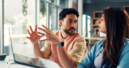 Media agency, laptop and people with conversation, coaching and brainstorming for publication....