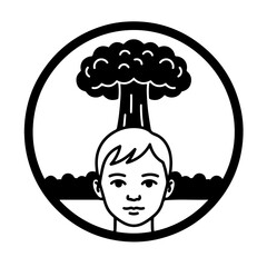 Child's Future in Danger. Icon of a child's face with a distant mushroom cloud, advocating for the ban on nuclear testing to ensure a safe world