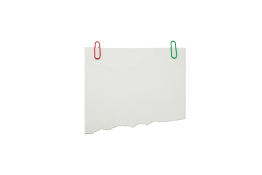 Torn White Paper Note with Red Paperclip Isolated on Transparent Background, Wrinkled blank index card note with a red paperclip for messages.