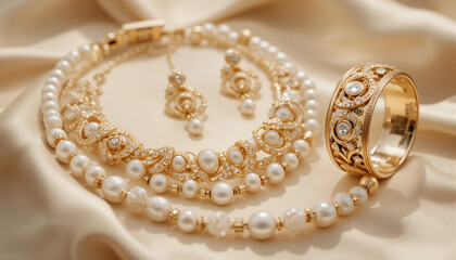 Pearl jewelry trio featuring necklace, earrings, and ring, perfect wedding gift