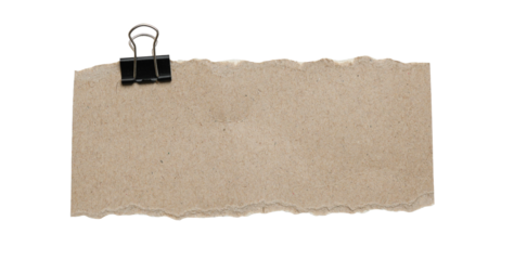 Torn Brown Paper with Binder Clip Isolated on Transparent Background, Torn Paper with Binder Clip, Torn Paper Edges. Ripped paper texture.