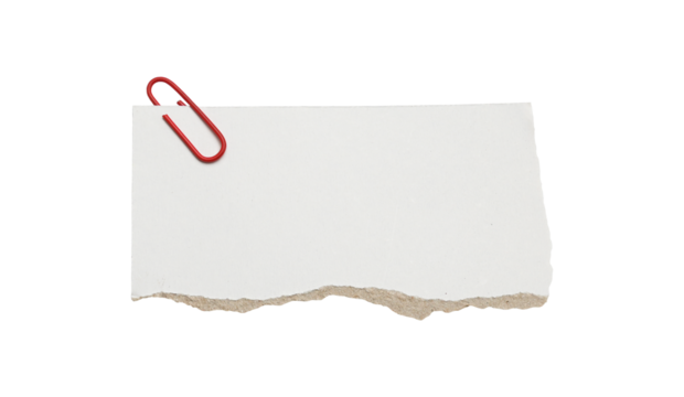 Torn White Paper Note with Red Paperclip Isolated on Transparent Background, Wrinkled blank index card note with a red paperclip for messages.