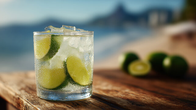 Classic Caipirinha drink made with muddled lime, sugar and ice, ideal for bar menus, tourism campaigns, lifestyle blogs and summer social media content, beverage promotions, cocktail menu advertising.