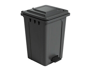 Grey plastic trash can with lid and foot pedal, plain background