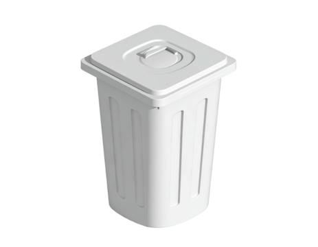 White plastic trash can with lid, isometric view