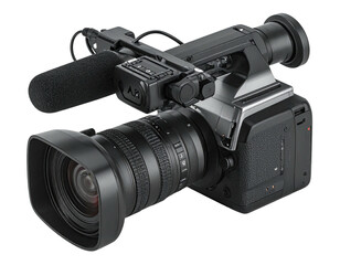 Black digital camera with lens, microphone, and top handle