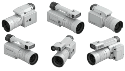 Six white, simplistic cameras in varied perspectives