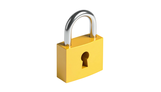 Yellow padlock with chrome shackle, isolated on black background