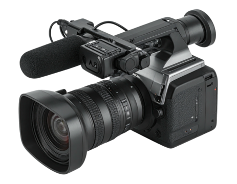 Black digital camera with lens, microphone, and top handle