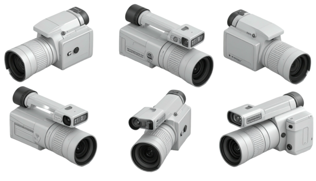 Six white, simplistic cameras in varied perspectives