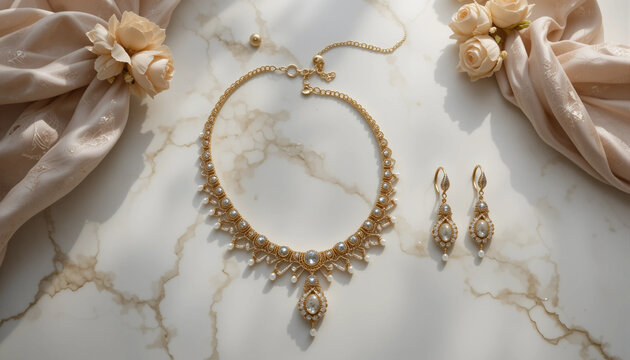 Elegant jewelry duo featuring a luxurious necklace and earrings, symmetrical arrangement
