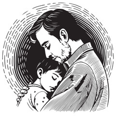 A father embraces his sleeping son, conveying a sense of love and protection in a tender moment