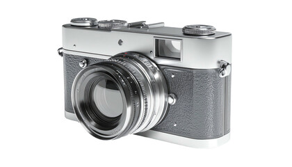 Silver camera with large lens, sleek design, textured body