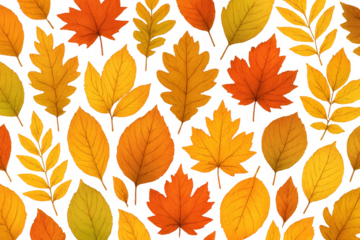 Autumn leaves falling seamless pattern background transparent, vibrant orange yellow foliage, seasonal decoration