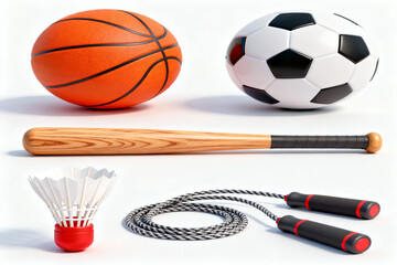 Five common sports objects including a basketball, soccer ball, baseball bat, jump rope, and a shuttlecock, neatly arranged on white.