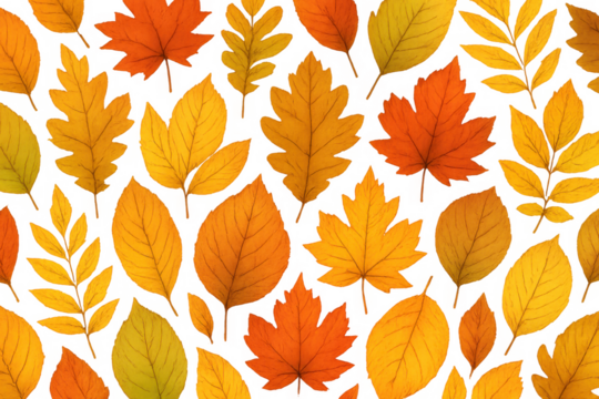 Autumn leaves falling seamless pattern background transparent, vibrant orange yellow foliage, seasonal decoration - Powered by Adobe