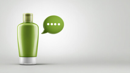 Fototapeta premium A green bottle with a message bubble, product concept. The image is clean and modern, showcasing a product with a subtle hint of communication
