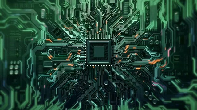 microelectronics circuits board. Artificial intelligence data computing chip. a complex circuit lights, simulating rhythmic pulse of system activity.