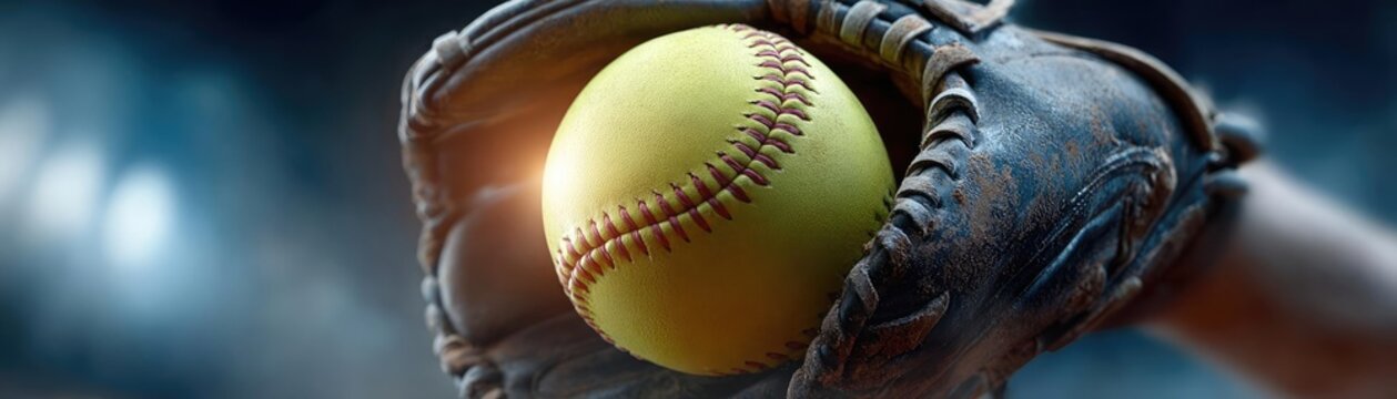 Softball pitcher hand releasing fastball concept. Close-up of a yellow softball in a glove, ready for a game.