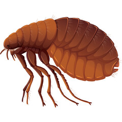Detailed Macro Illustration of a Brown Flea Insect with Multiple Legs and Segmented Body Isolated on a White Background Highlighting Fine Anatomical Details