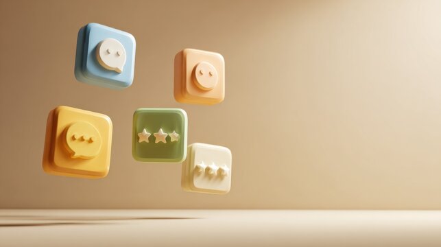 3D rendered floating comment and rating icons against a soft background, evoking the essence of customer feedback and social interaction