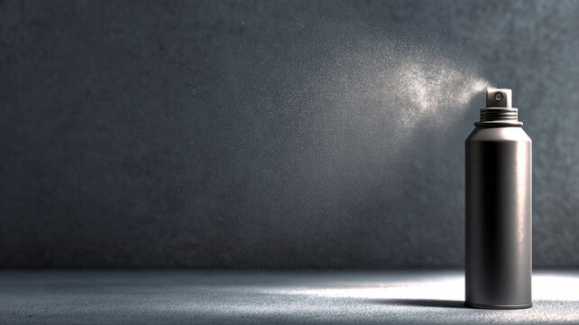 A metal spray can against a textured surface, showcasing mist in the air - Powered by Adobe