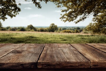 Fototapeta premium Rustic wooden table surface in foreground with blurred green landscape and trees in background, creating a serene and natural outdoor atmosphere for design purposes
