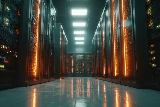 Dark server room, glowing orange accents - Powered by Adobe