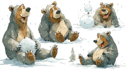 Collection of Watercolor Bear Cubs Playing with Snowflakes in Winter Scenes