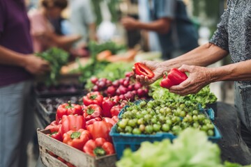 Hands of a person selecting fresh red bell peppers at a vibrant farmer's market, surrounded by colorful vegetables and fruits, showcasing healthy eating and local produce