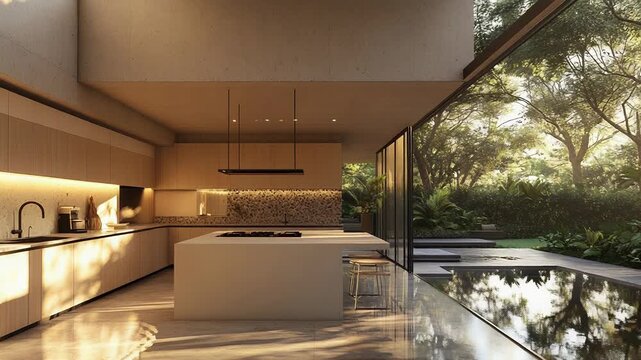 Modern kitchen island opening to lush garden and pool
